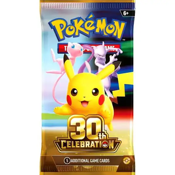 Pokémon TCG 30th Celebration regular booster pack featuring Pikachu, Mew and Mewtwo, with 5 additional game cards